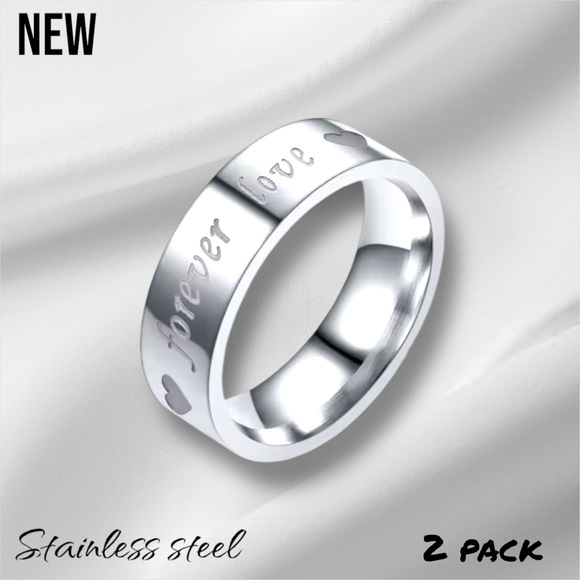 New Silver 2 Ring Set *Forever Love* Print Stainless Steel Band Rings - Picture 5 of 6